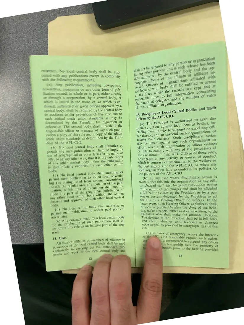 Photograph of a pamphlet: Rules Governing AFL-CIO Local Central Bodies (pamphlet), page 6.