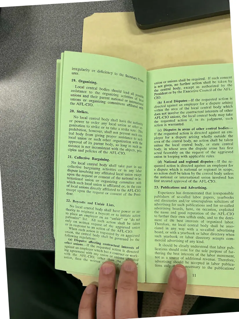 Photograph of a pamphlet: Rules Governing AFL-CIO Local Central Bodies (pamphlet), page 5.