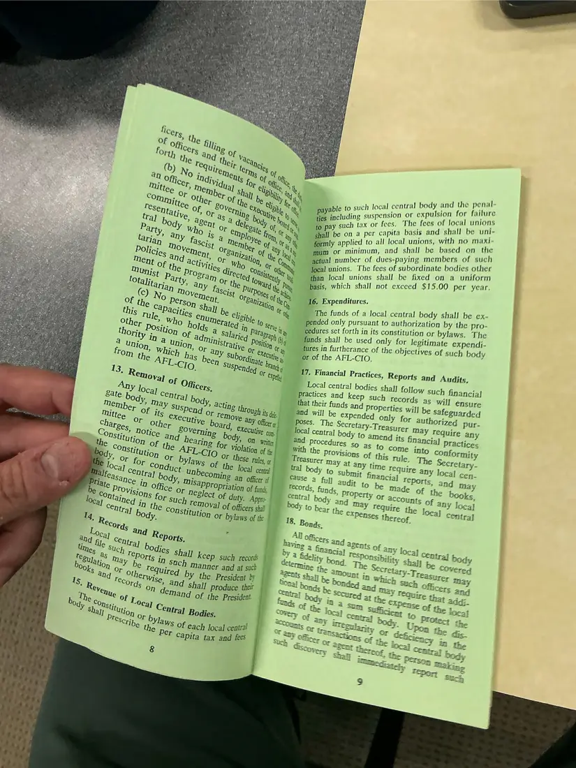 Photograph of a pamphlet: Rules Governing AFL-CIO Local Central Bodies (pamphlet), page 4.