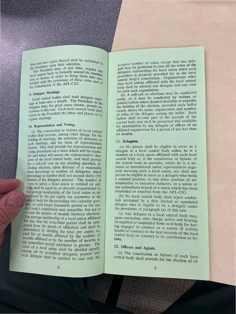 Photograph of a pamphlet: Rules Governing AFL-CIO Local Central Bodies (pamphlet), page 3.