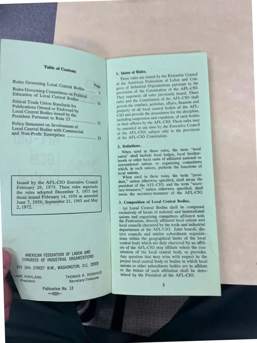 Photograph of a pamphlet: Rules Governing AFL-CIO Local Central Bodies (pamphlet), page 2.