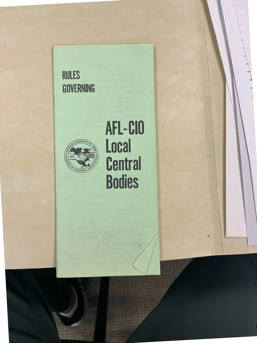 Photograph of a pamphlet: Rules Governing AFL-CIO Local Central Bodies (pamphlet), page 1.