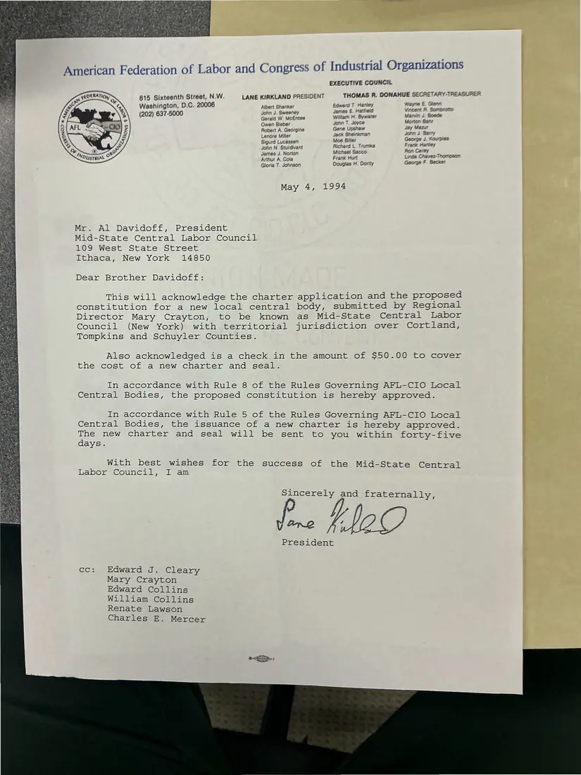 Photograph of a letter: Lane Kirkland to Al Davidoff, approving the Mid-State Central Labor Council charter, page 1.