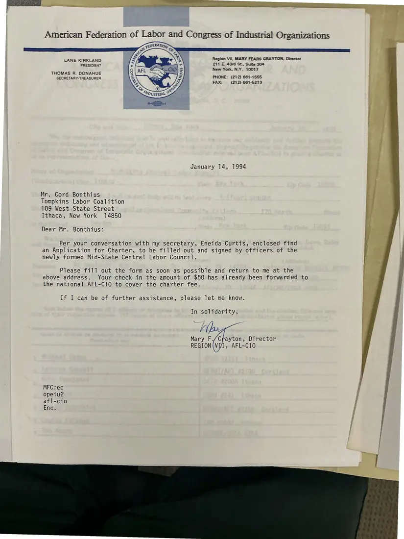 Photograph of a letter: Mary Fears Crayton to Coert Bonthius, enclosing the AFL-CIO charter application, page 1.