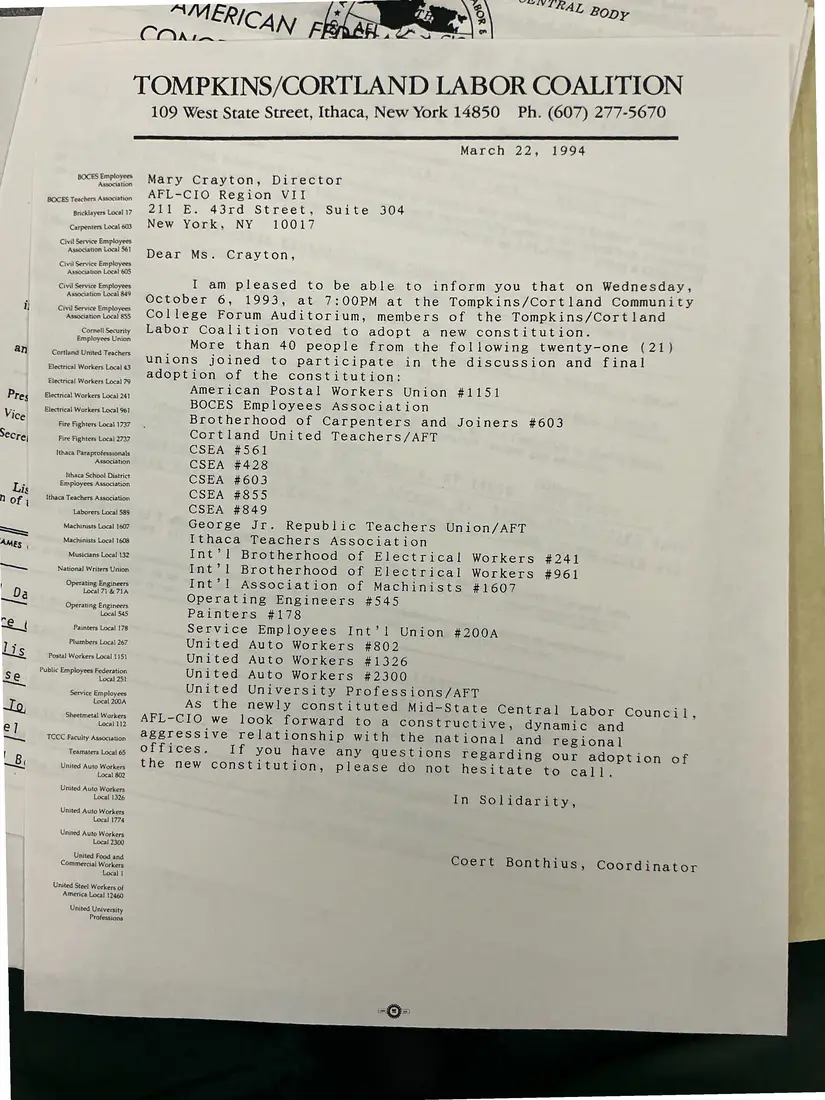 Photograph of a letter: Coert Bonthius to Mary Crayton: the Coalition adopts its new constitution, page 1.