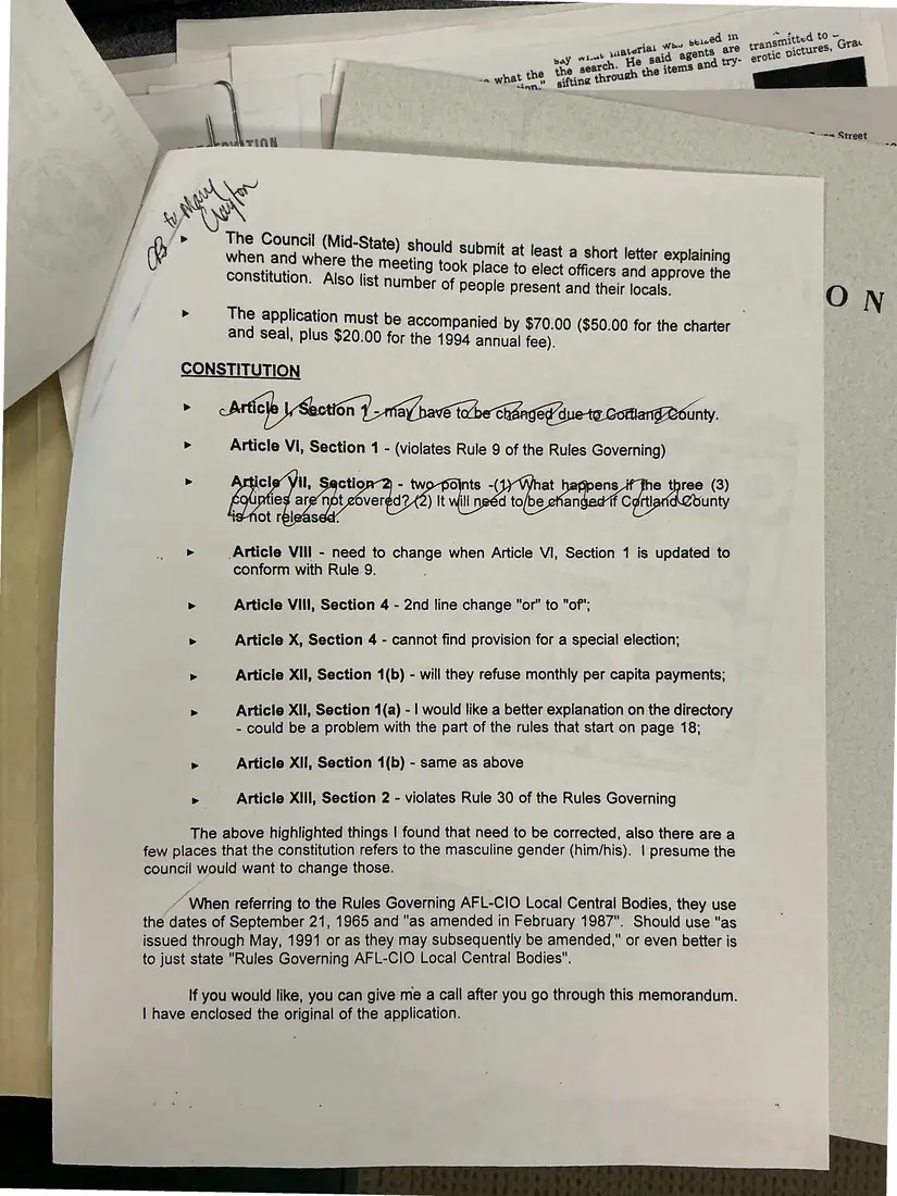 Photograph of a memorandum: Ed Collins to Mary Crayton: review of the Mid-State charter application and constitution, page 2.