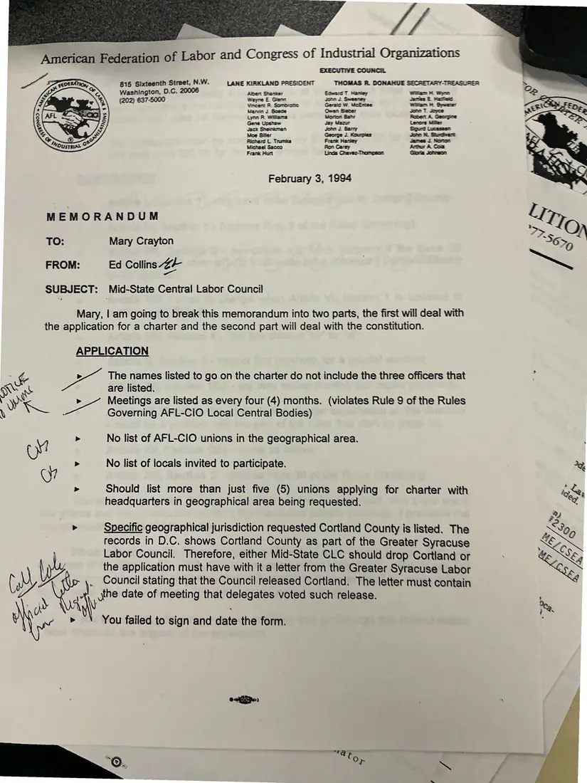 Photograph of a memorandum: Ed Collins to Mary Crayton: review of the Mid-State charter application and constitution, page 1.