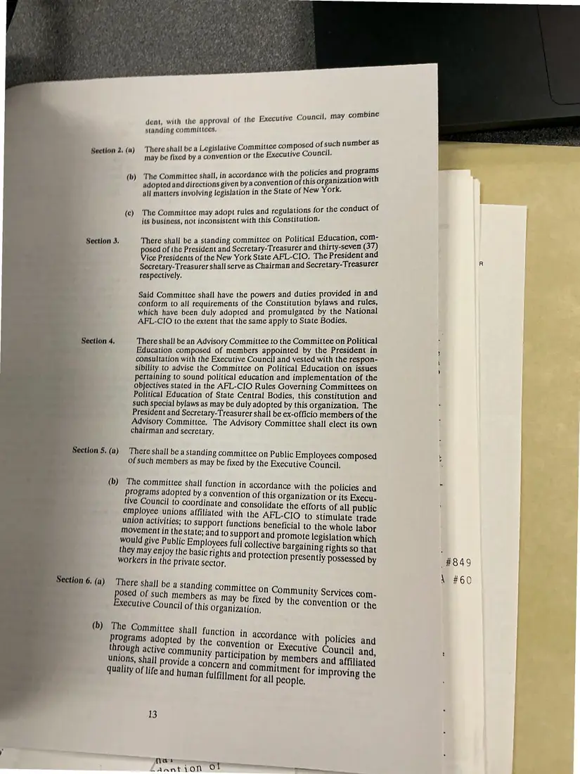 Photograph of a printed constitution: Constitution of the New York State AFL-CIO, as amended 1992 (partial copy), page 16.