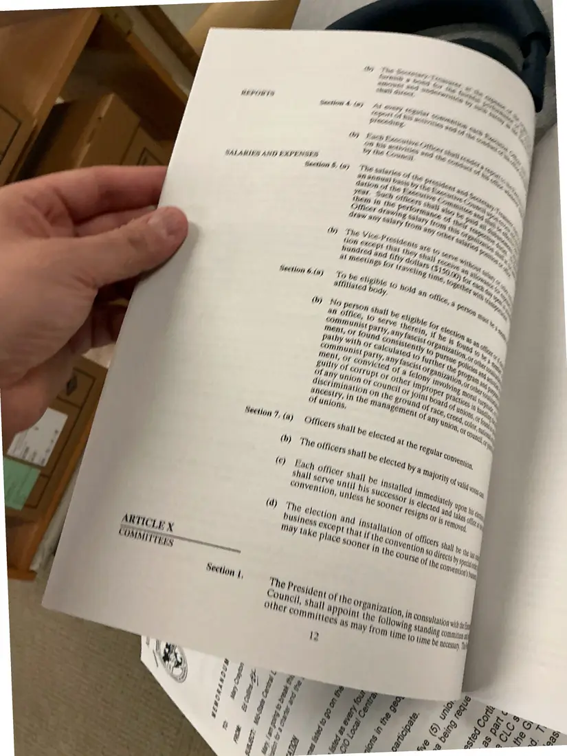 Photograph of a printed constitution: Constitution of the New York State AFL-CIO, as amended 1992 (partial copy), page 15.