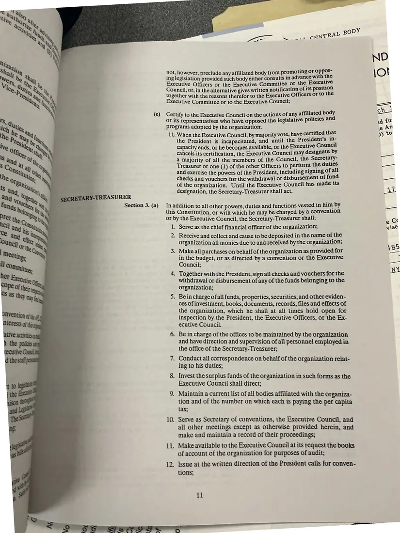 Photograph of a printed constitution: Constitution of the New York State AFL-CIO, as amended 1992 (partial copy), page 14.