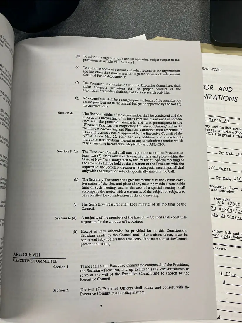 Photograph of a printed constitution: Constitution of the New York State AFL-CIO, as amended 1992 (partial copy), page 12.