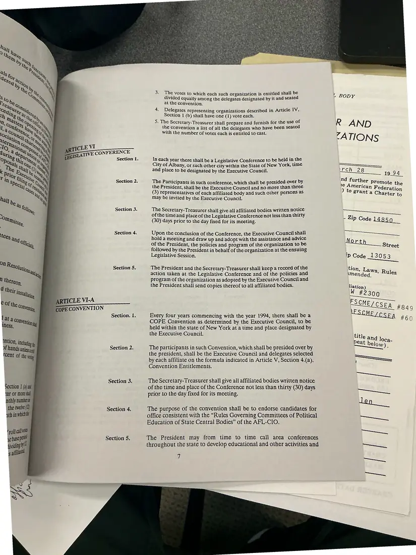 Photograph of a printed constitution: Constitution of the New York State AFL-CIO, as amended 1992 (partial copy), page 10.