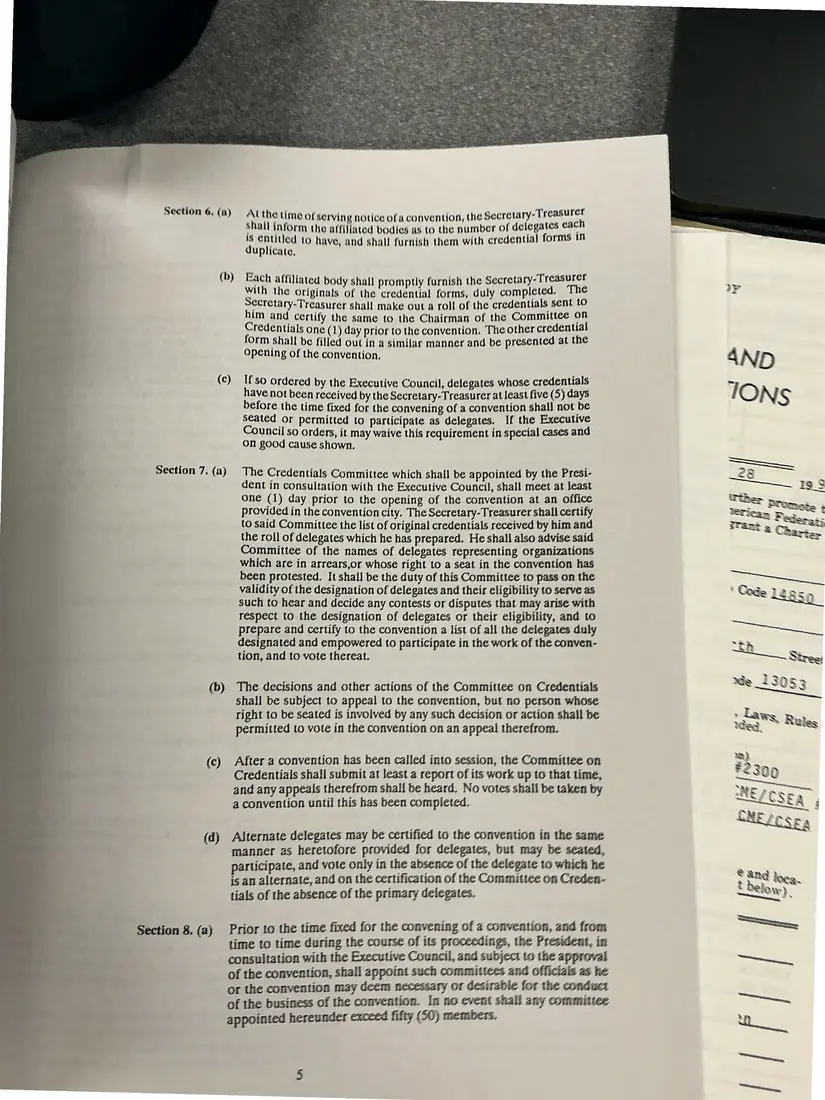Photograph of a printed constitution: Constitution of the New York State AFL-CIO, as amended 1992 (partial copy), page 8.
