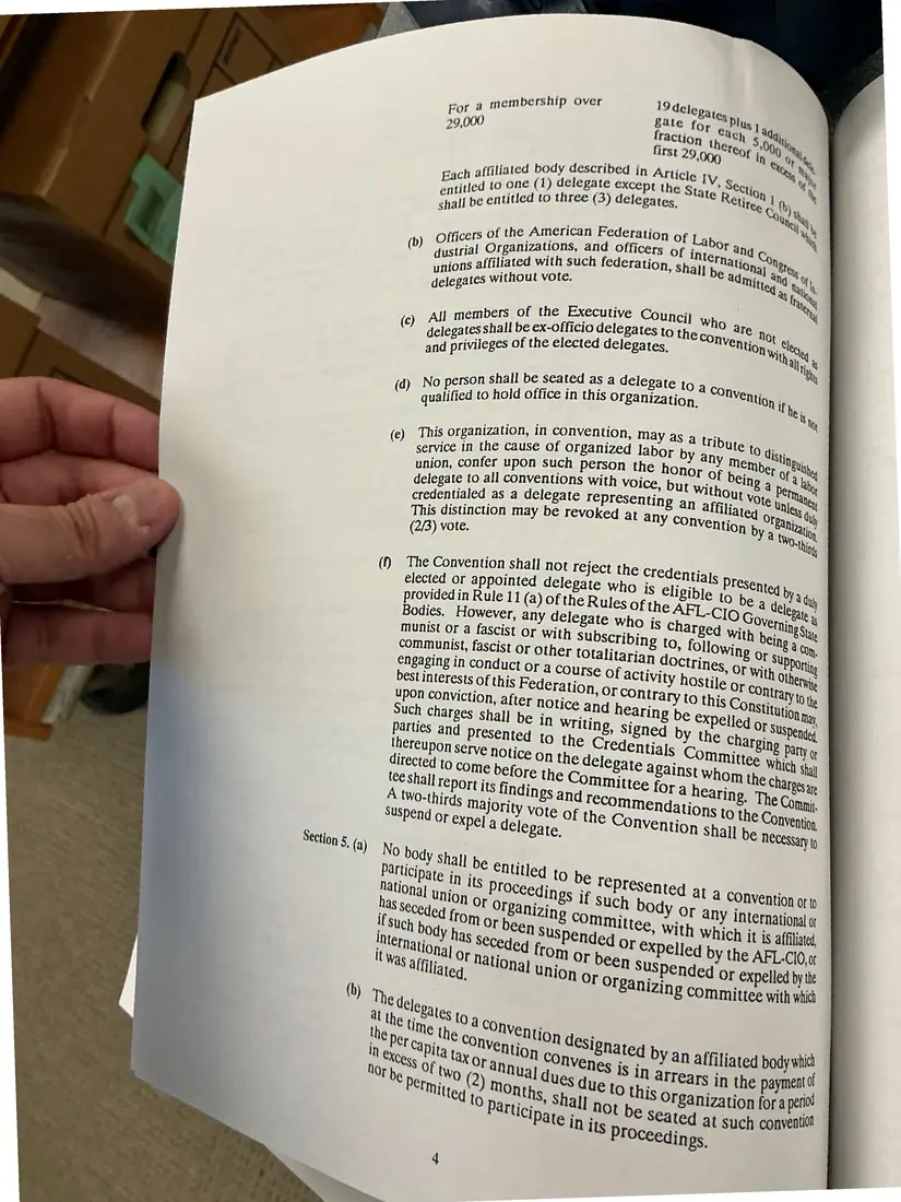 Photograph of a printed constitution: Constitution of the New York State AFL-CIO, as amended 1992 (partial copy), page 7.