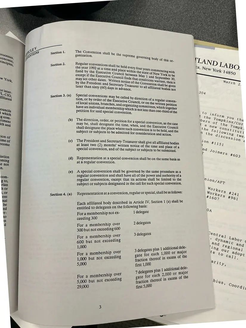 Photograph of a printed constitution: Constitution of the New York State AFL-CIO, as amended 1992 (partial copy), page 6.