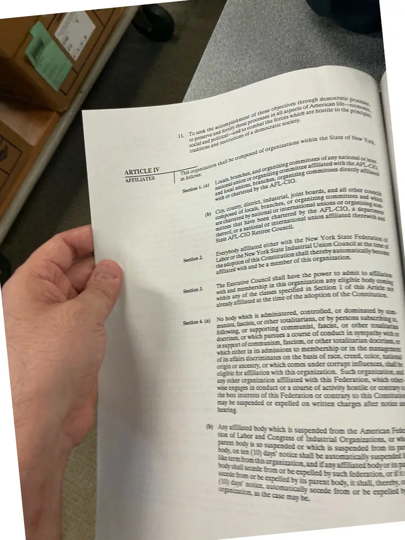 Photograph of a printed constitution: Constitution of the New York State AFL-CIO, as amended 1992 (partial copy), page 5.