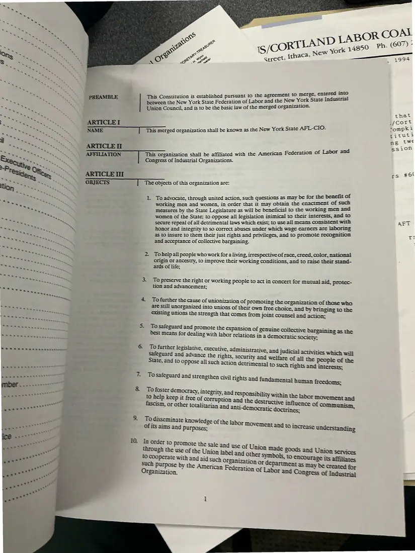 Photograph of a printed constitution: Constitution of the New York State AFL-CIO, as amended 1992 (partial copy), page 4.
