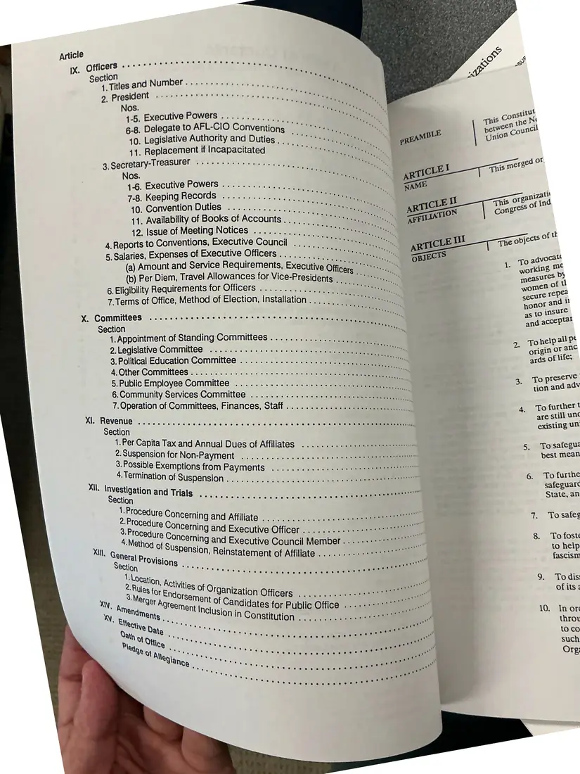 Photograph of a printed constitution: Constitution of the New York State AFL-CIO, as amended 1992 (partial copy), page 3.