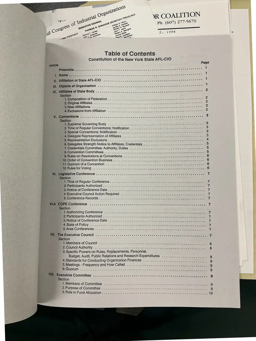 Photograph of a printed constitution: Constitution of the New York State AFL-CIO, as amended 1992 (partial copy), page 2.