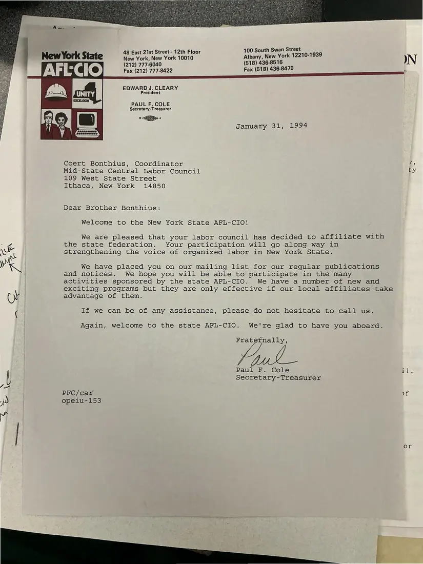 Photograph of a letter: Paul F. Cole welcomes the Mid-State Central Labor Council to the New York State AFL-CIO, page 1.
