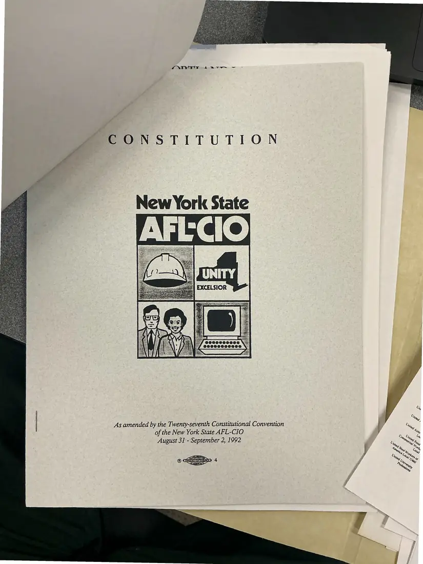 Photograph of a printed constitution: Constitution of the New York State AFL-CIO, as amended 1992 (partial copy), copy 3.