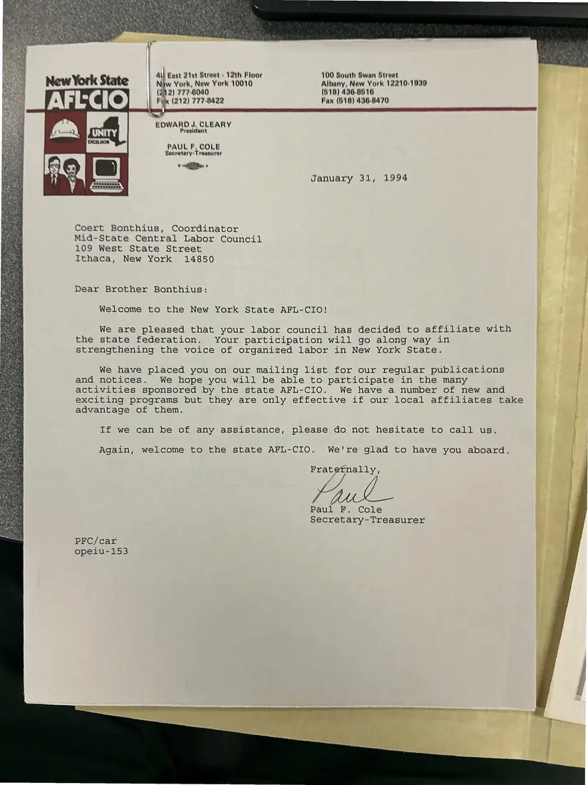 Photograph of a letter: Paul F. Cole welcomes the Mid-State Central Labor Council to the New York State AFL-CIO, copy 2.