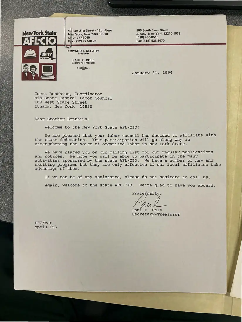 Photograph of a letter: Paul F. Cole welcomes the Mid-State Central Labor Council to the New York State AFL-CIO, copy 3.
