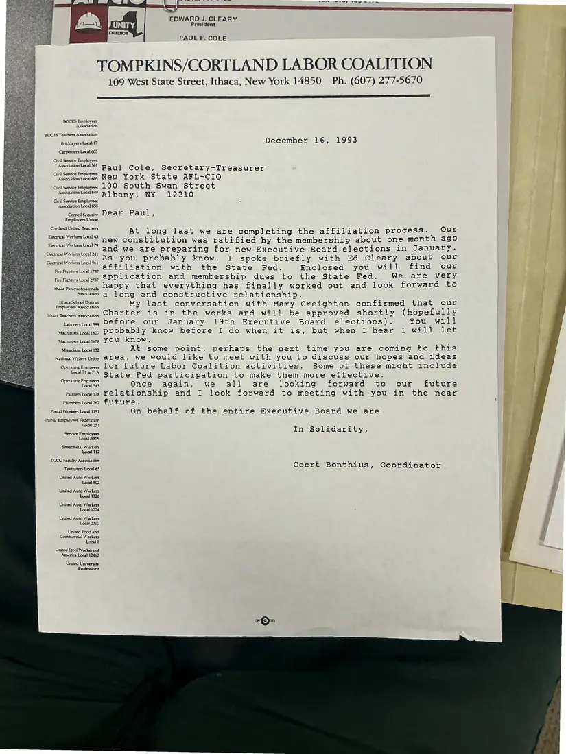 Photograph of a letter: Coert Bonthius to Paul Cole on completing affiliation, page 1.