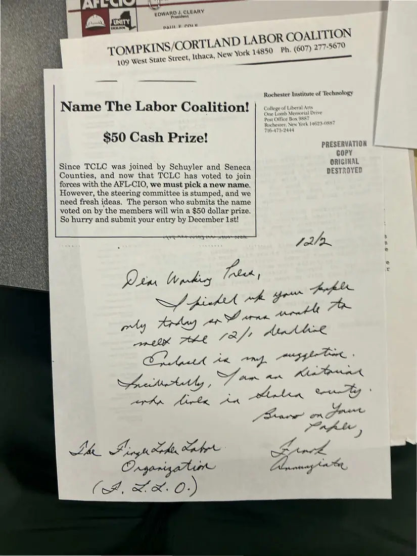 Photograph of a letter: “Name the Labor Coalition!” contest notice, with an entry from Frank Annunziata, page 1.