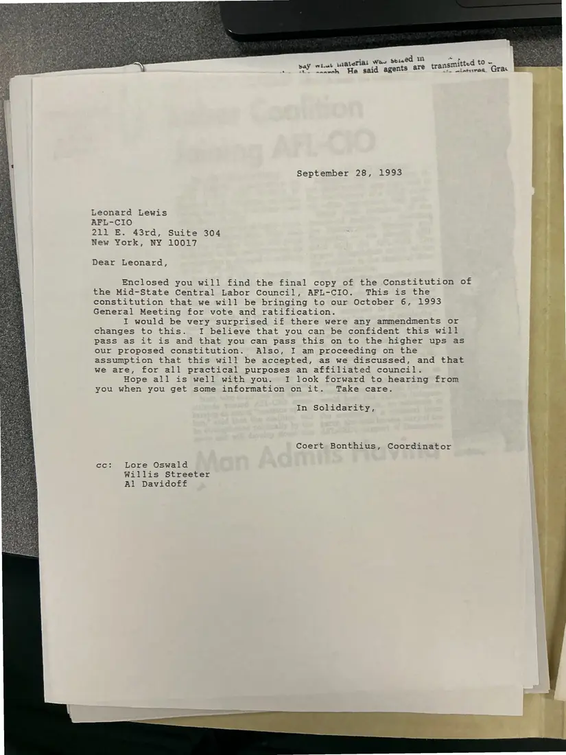 Photograph of a letter: Coert Bonthius to Leonard Lewis, sending the final draft constitution, page 1.