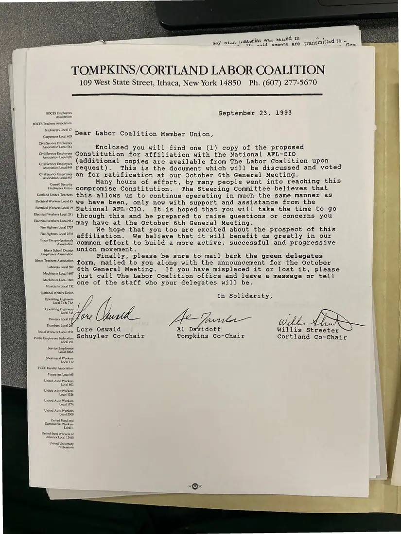 Photograph of a letter: Co-chairs to member unions: the proposed AFL-CIO constitution, page 1.