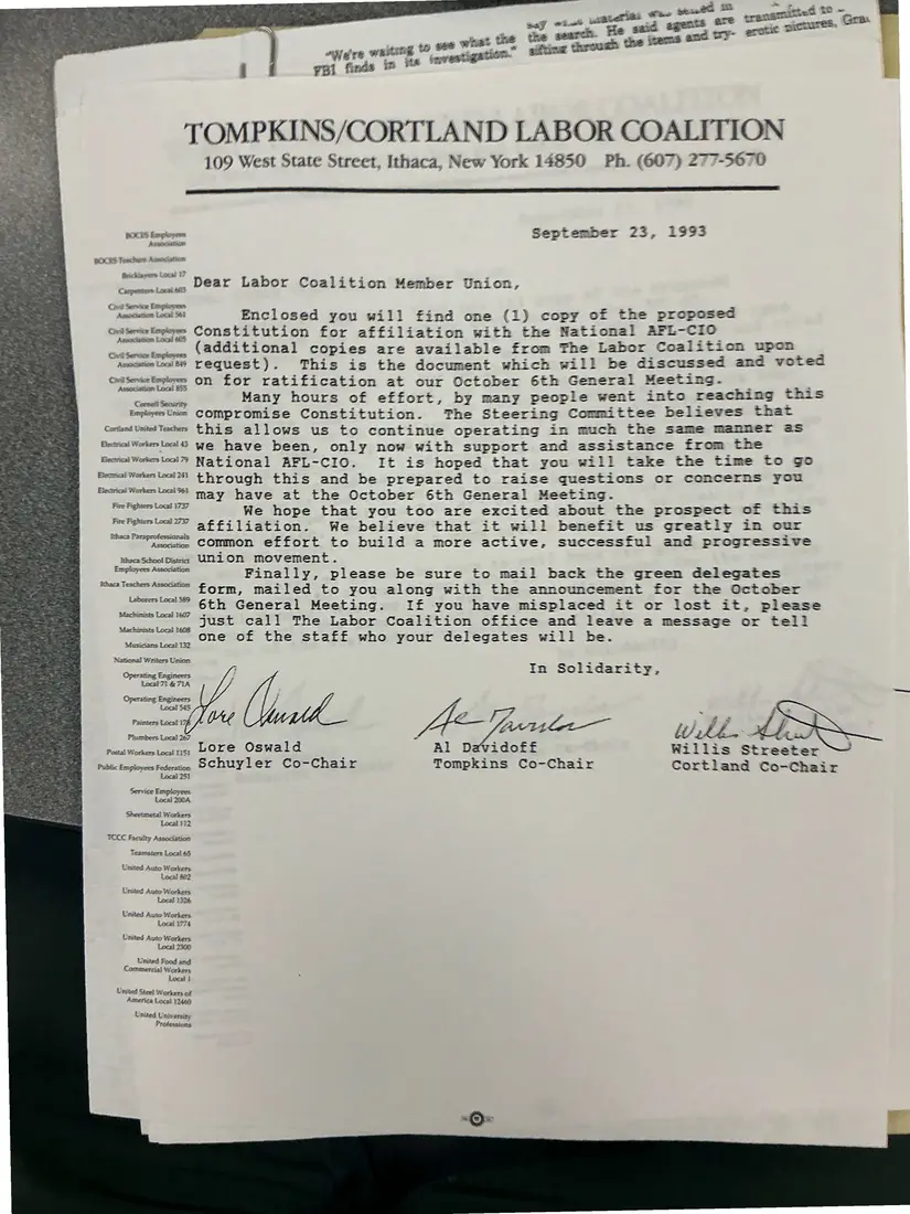Photograph of a letter: Co-chairs to member unions: the proposed AFL-CIO constitution, copy 3.