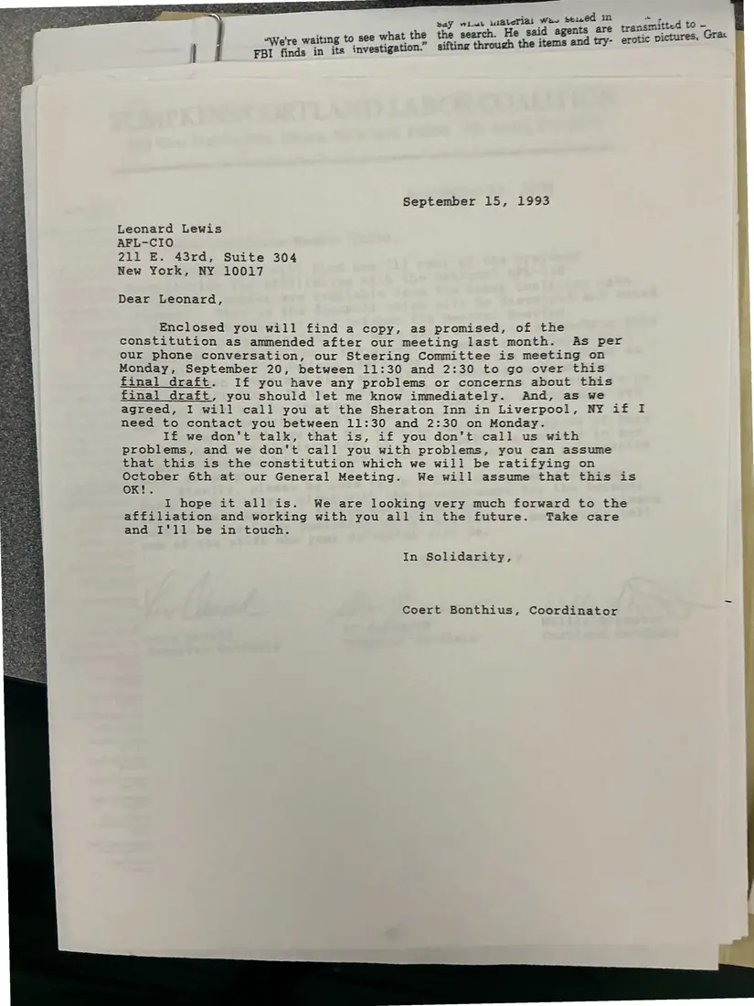 Photograph of a letter: Coert Bonthius to Leonard Lewis, on the revised constitution, page 1.