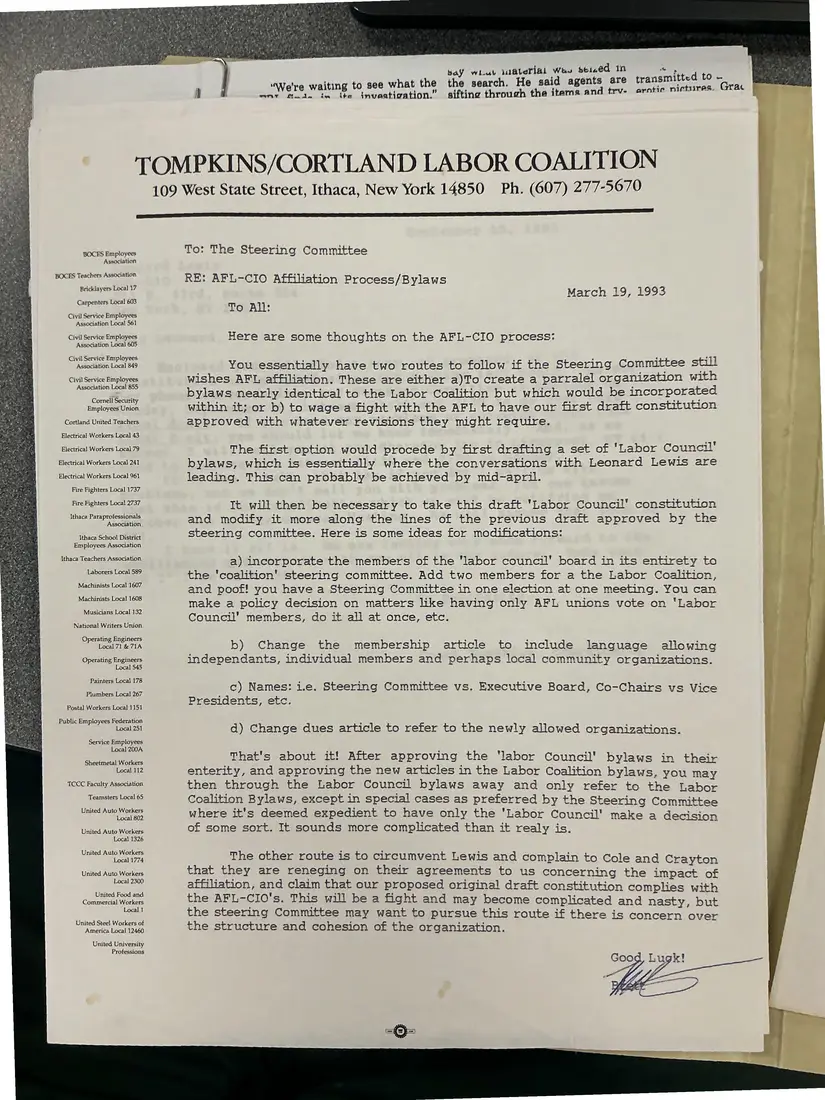 Photograph of a memorandum: Memo to the Steering Committee: AFL-CIO affiliation process and bylaws, page 1.