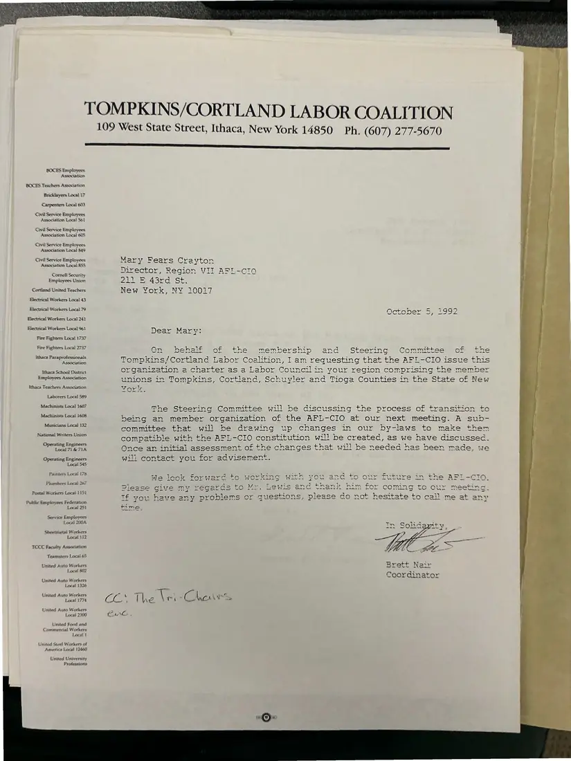 Photograph of a letter: Brett Nair to Mary Fears Crayton, requesting an AFL-CIO labor council charter, page 1.