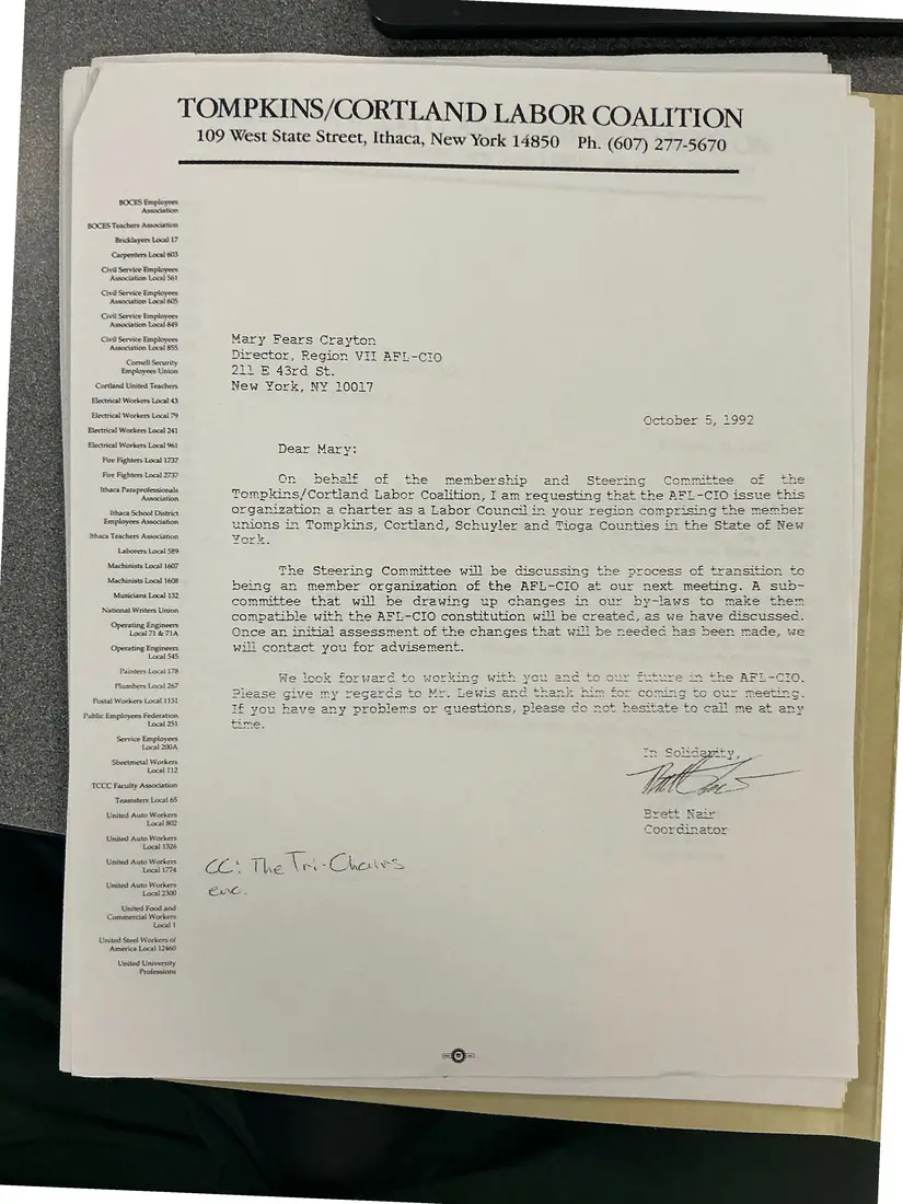 Photograph of a letter: Brett Nair to Mary Fears Crayton, requesting an AFL-CIO labor council charter, copy 2.