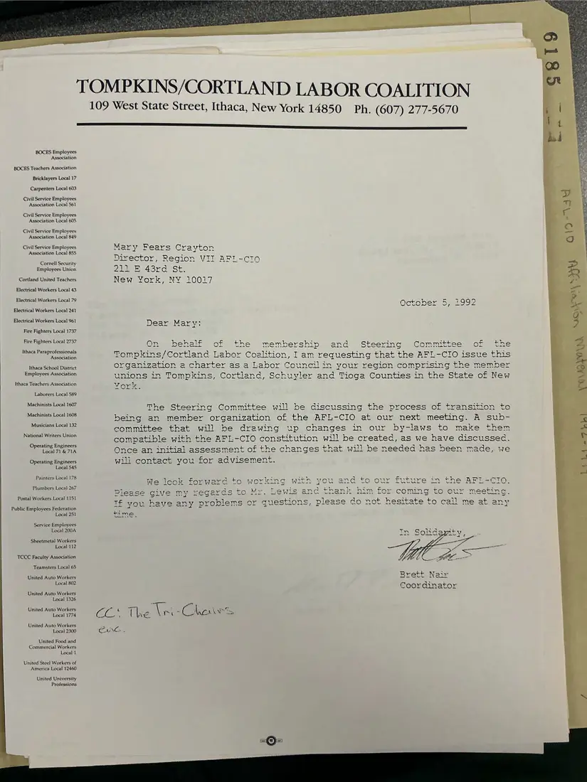 Photograph of a letter: Brett Nair to Mary Fears Crayton, requesting an AFL-CIO labor council charter, copy 3.