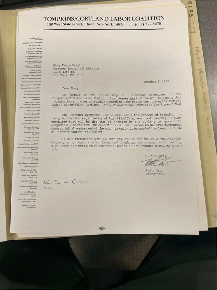 Photograph of a letter: Brett Nair to Mary Fears Crayton, requesting an AFL-CIO labor council charter, copy 4.