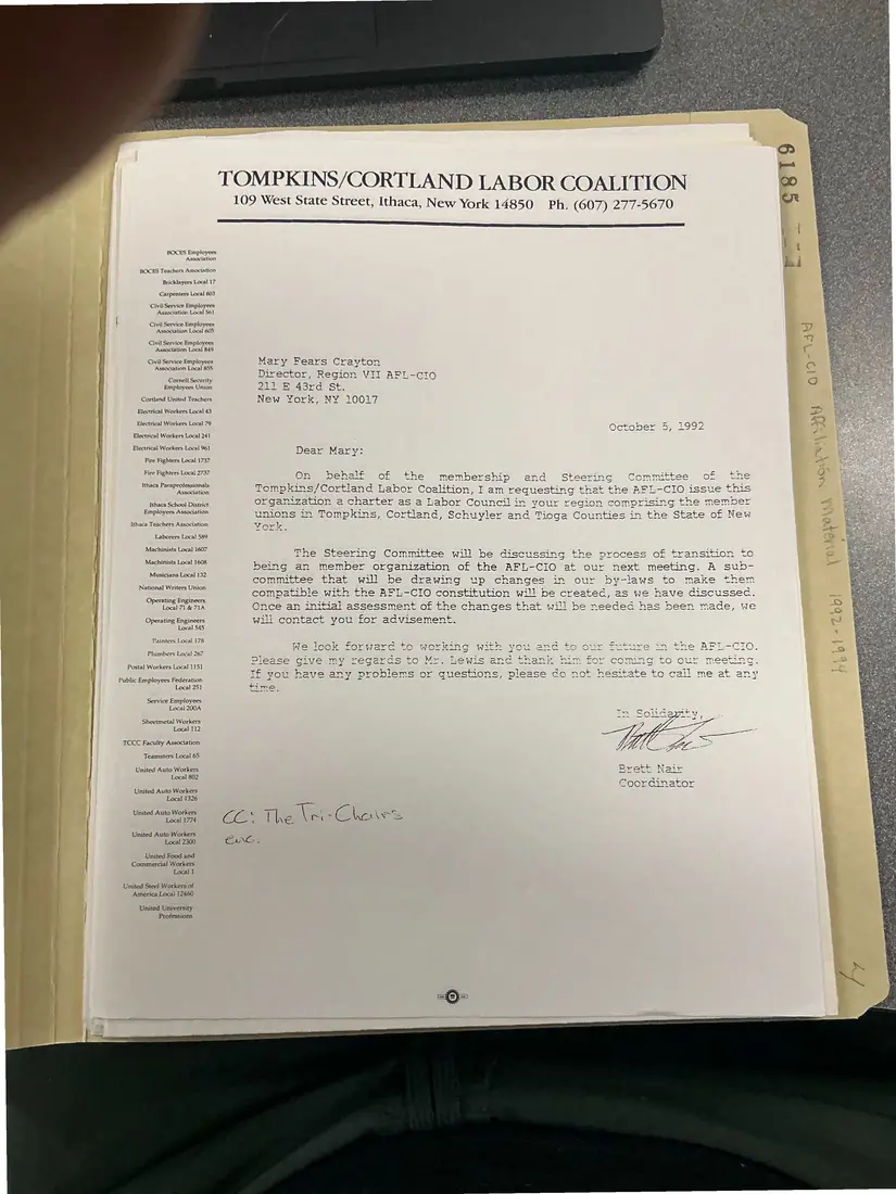 Photograph of a letter: Brett Nair to Mary Fears Crayton, requesting an AFL-CIO labor council charter, copy 5.