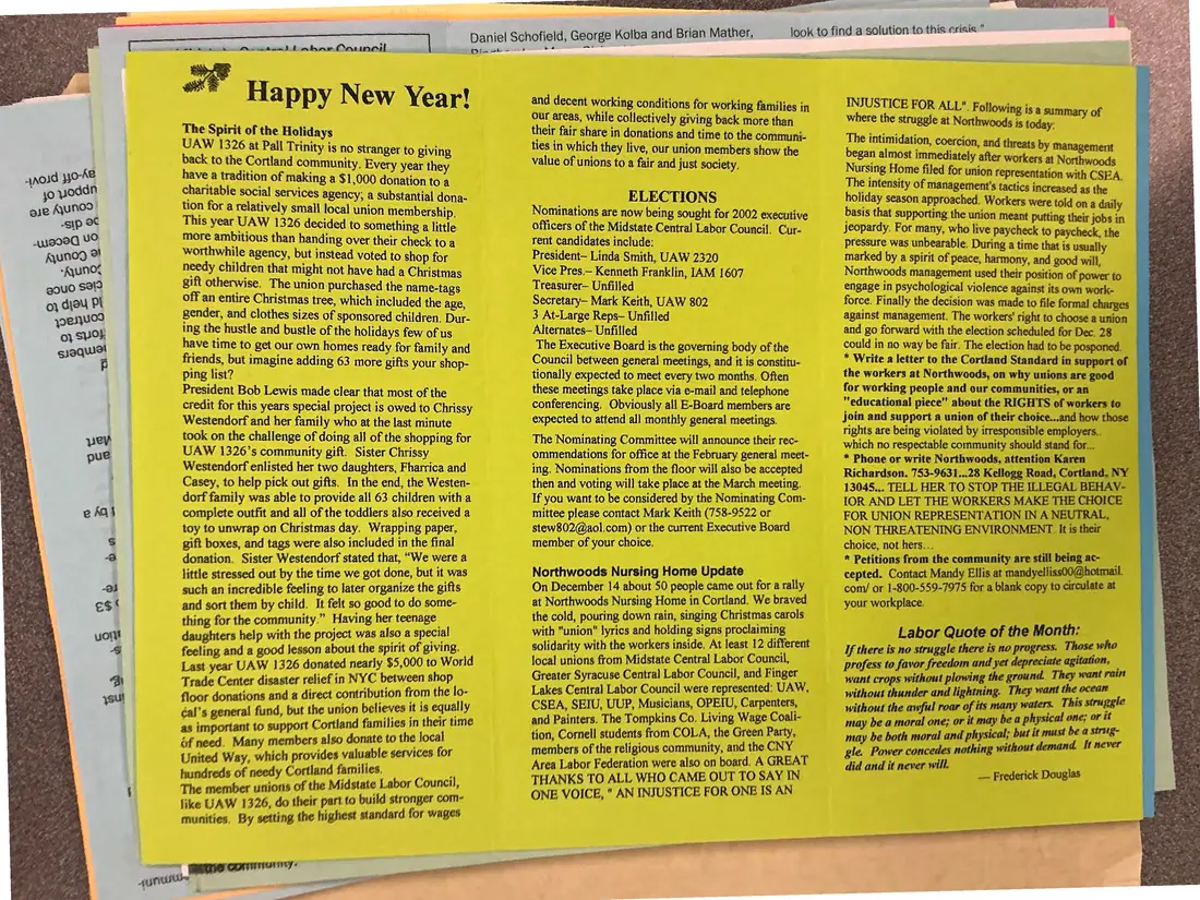 Photograph of a newsletter: Union City News, Midstate Central Labor Council, January [2002], page 2.