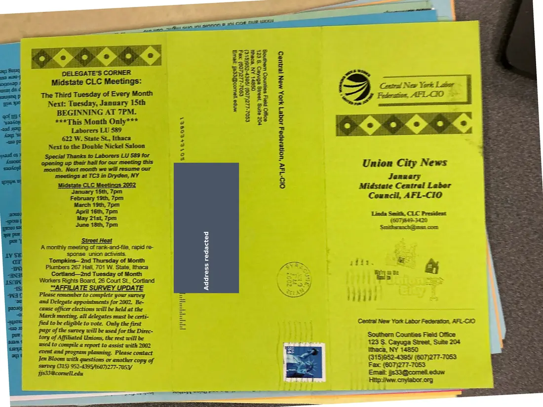 Photograph of a newsletter: Union City News, Midstate Central Labor Council, January [2002], page 1.
