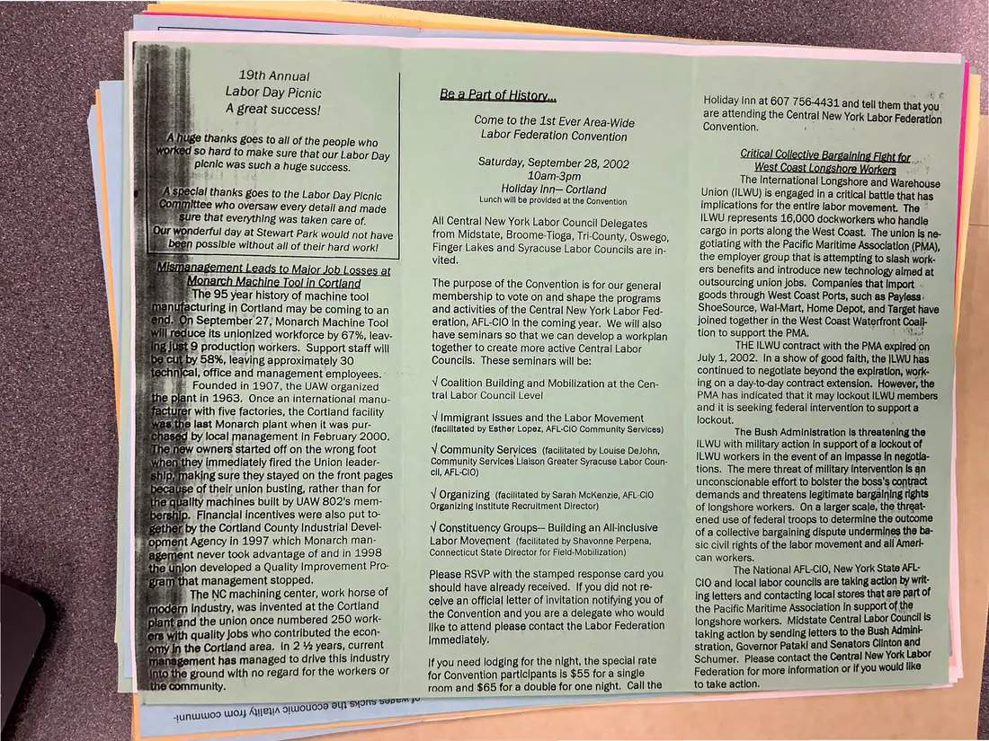 Photograph of a newsletter: Union City News, Midstate Central Labor Council, October 2002, page 2.