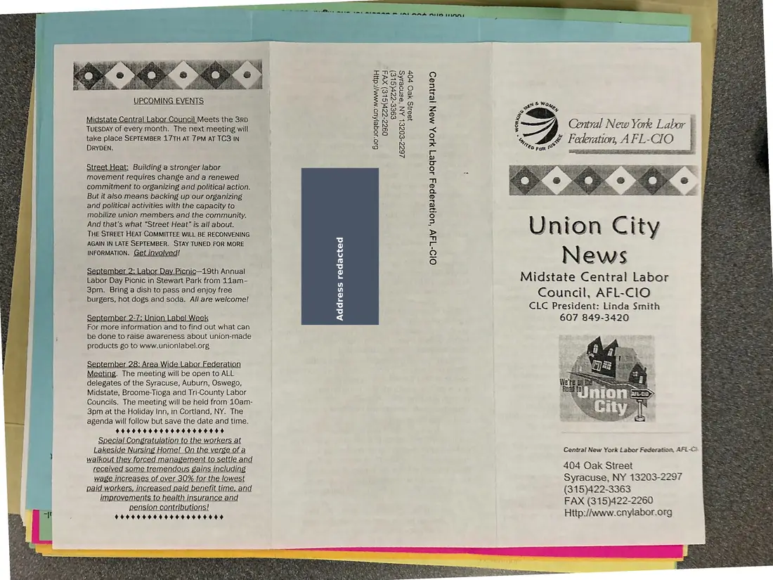 Photograph of a newsletter: Union City News, Midstate Central Labor Council, September 2002, page 1.