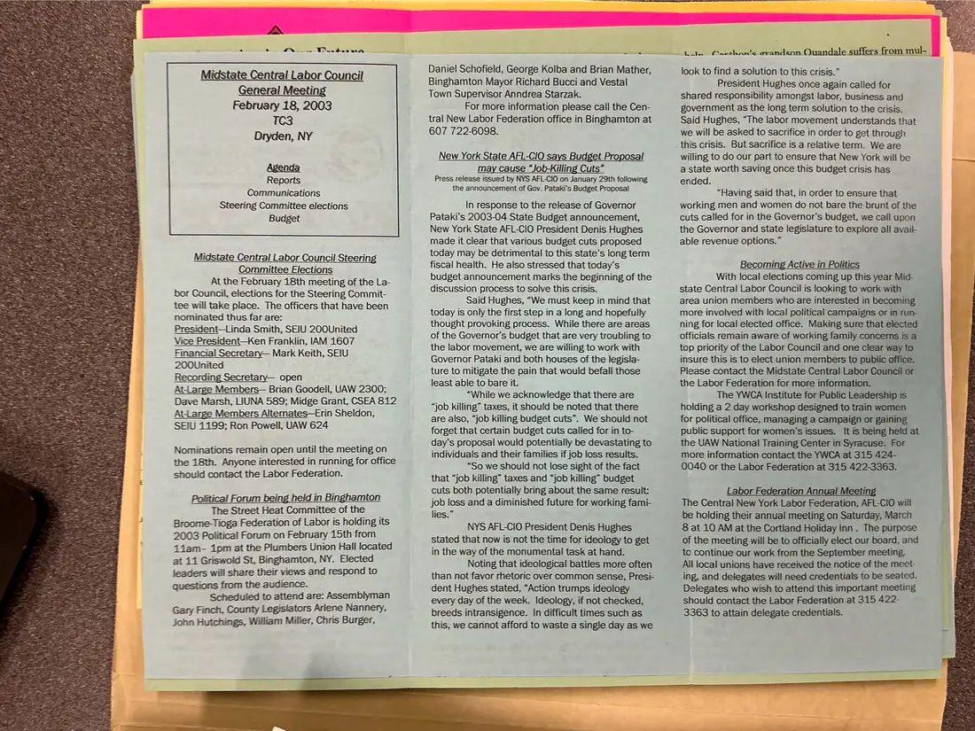 Photograph of a newsletter: Union City News, Midstate Central Labor Council, February 2003, page 2.