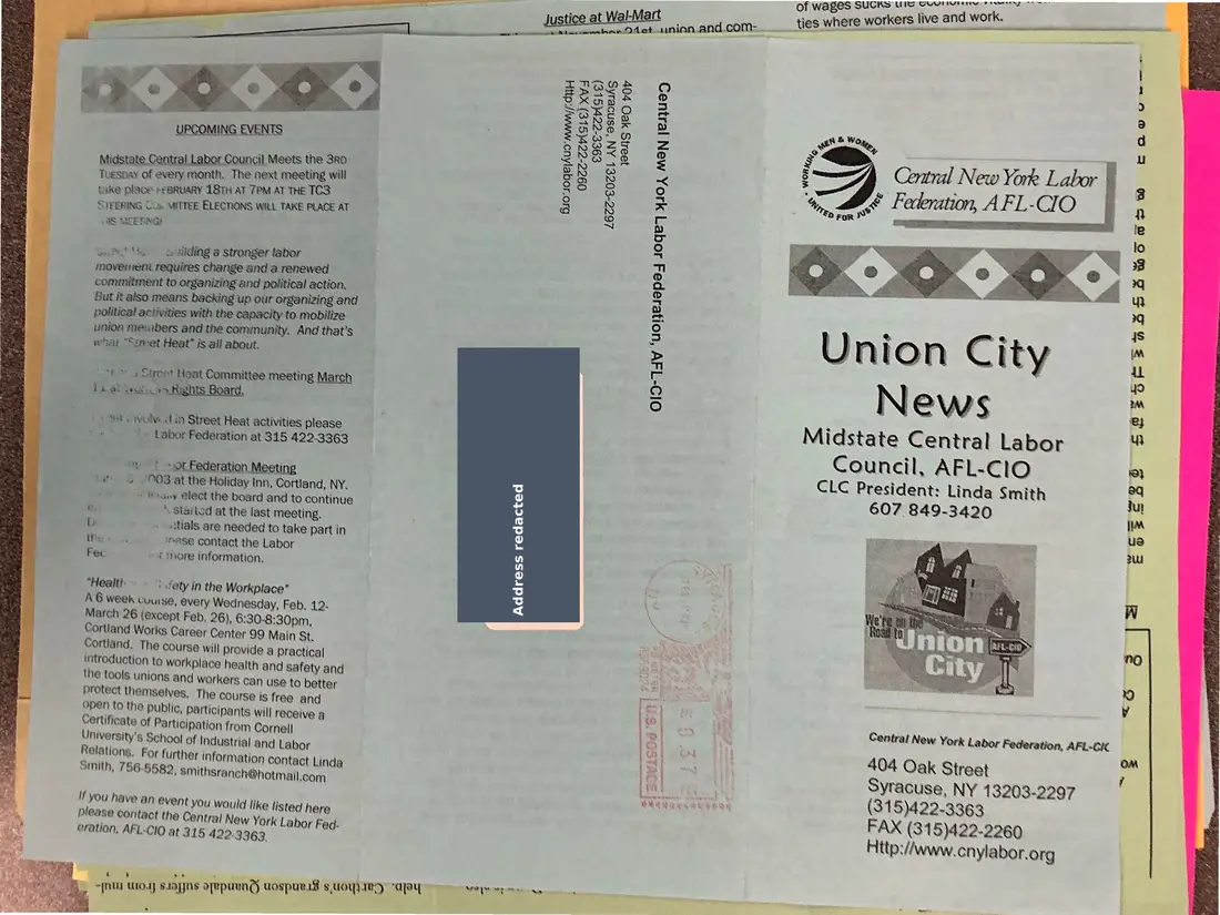 Photograph of a newsletter: Union City News, Midstate Central Labor Council, February 2003, page 1.