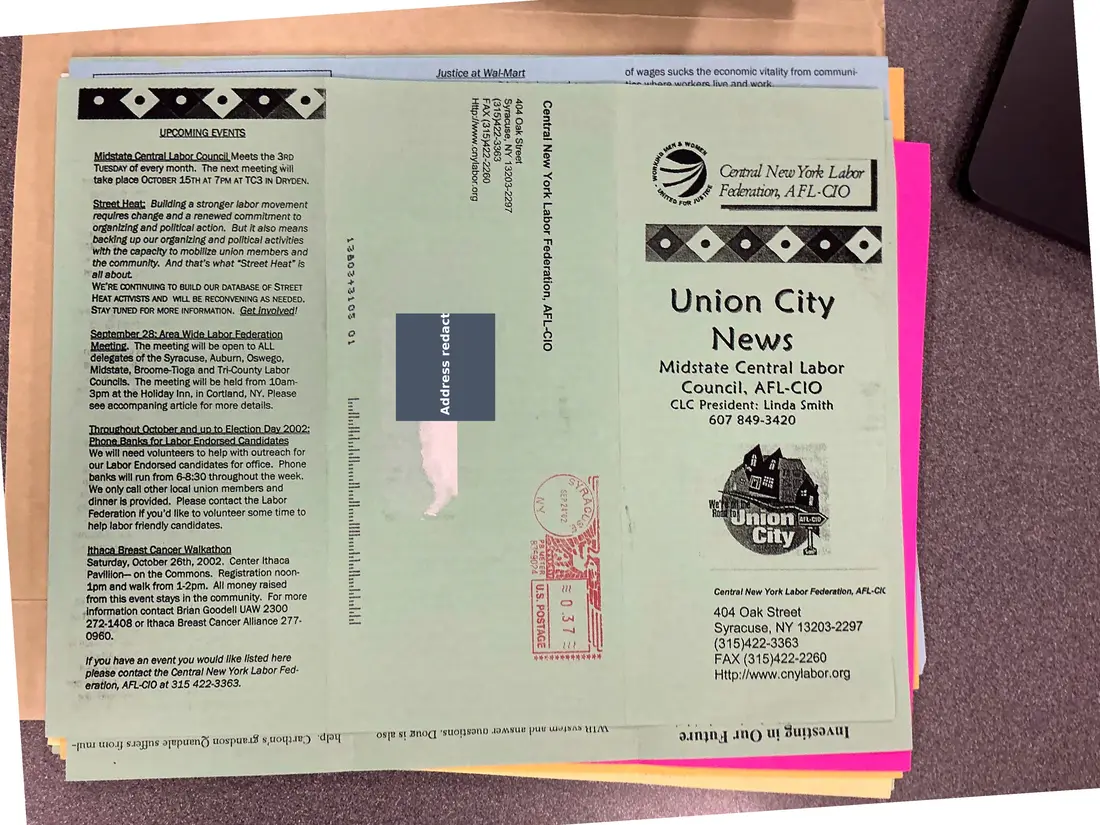 Photograph of a newsletter: Union City News, Midstate Central Labor Council, October 2002, copy 2, page 1.