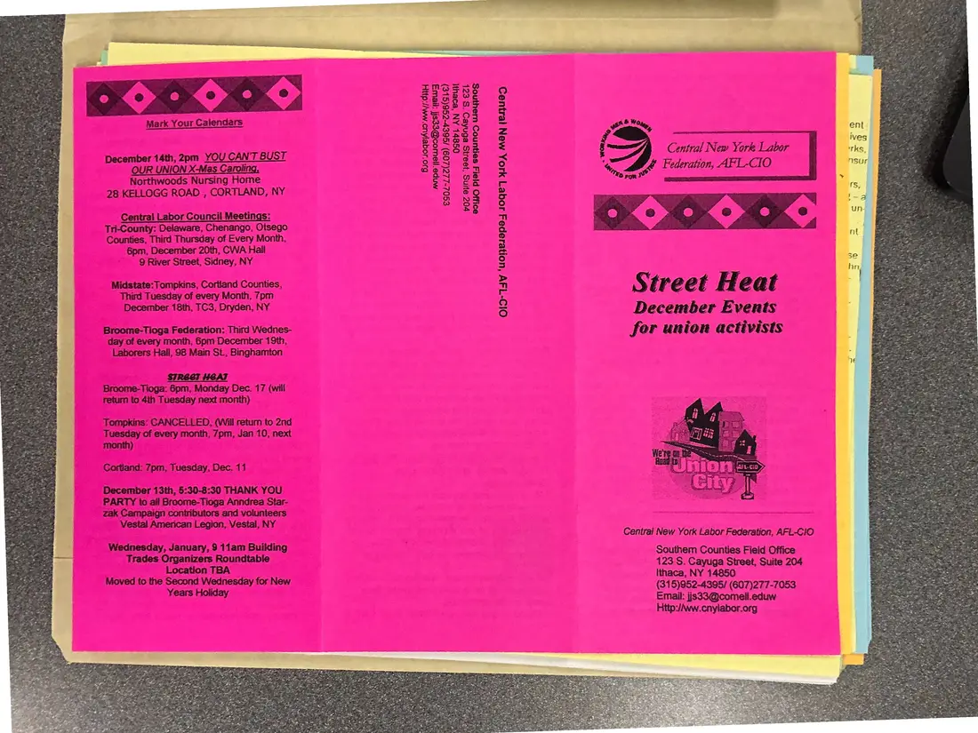 Photograph of a newsletter: Street Heat: December Events for Union Activists [December 2001], page 1.