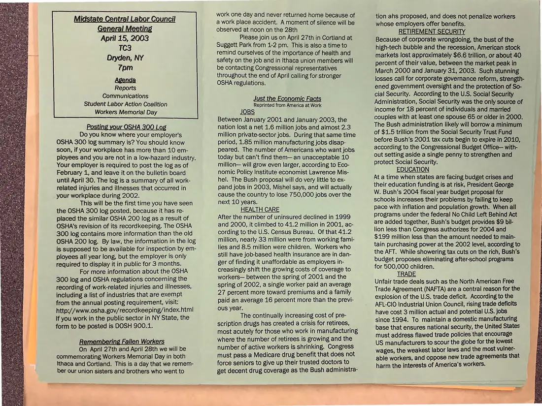 Photograph of a newsletter: Union City News, Midstate Central Labor Council, April 2003, page 2.