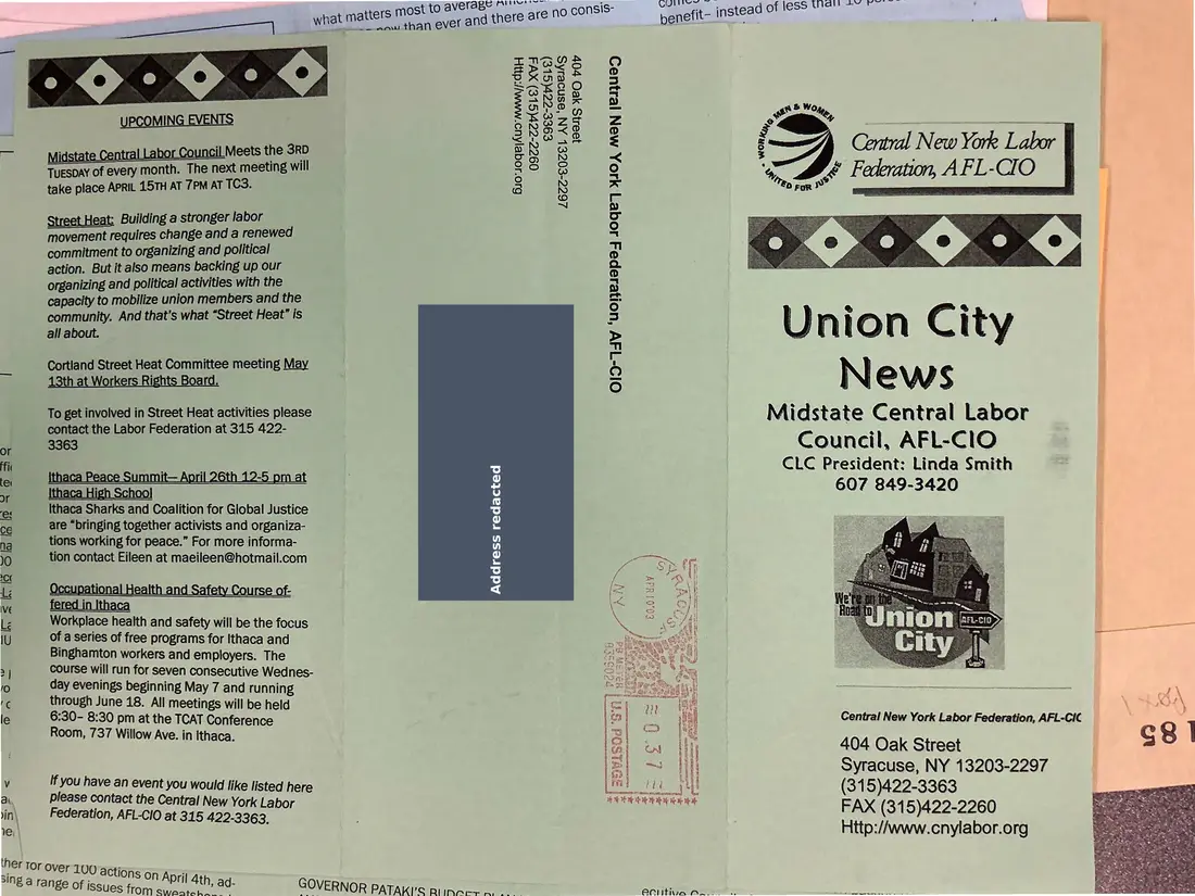 Photograph of a newsletter: Union City News, Midstate Central Labor Council, April 2003, page 1.