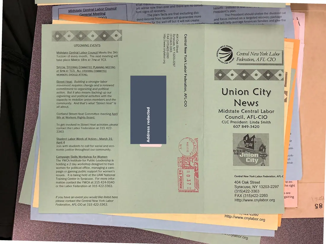 Photograph of a newsletter: Union City News, Midstate Central Labor Council, March 2003, page 1.